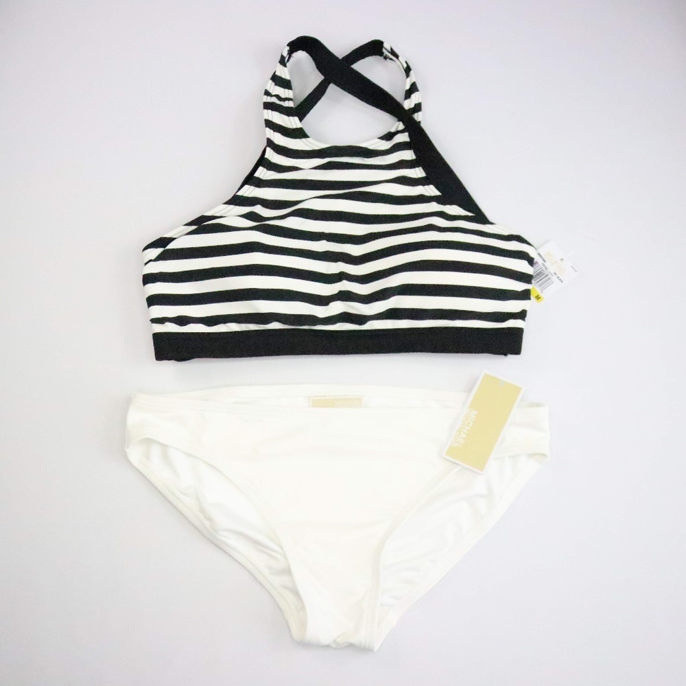 MICHAEL KORS White & Black Stripe 2pc Bikini - Size Medium - Picture 3 of 7